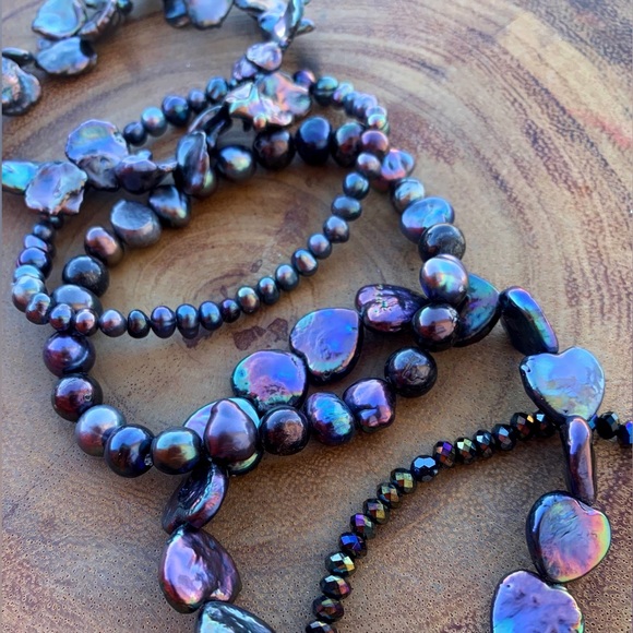 Natural Black Peacock Baroque Freshwater Pearl Cultured Bead Bracelet Stack - Picture 8 of 10